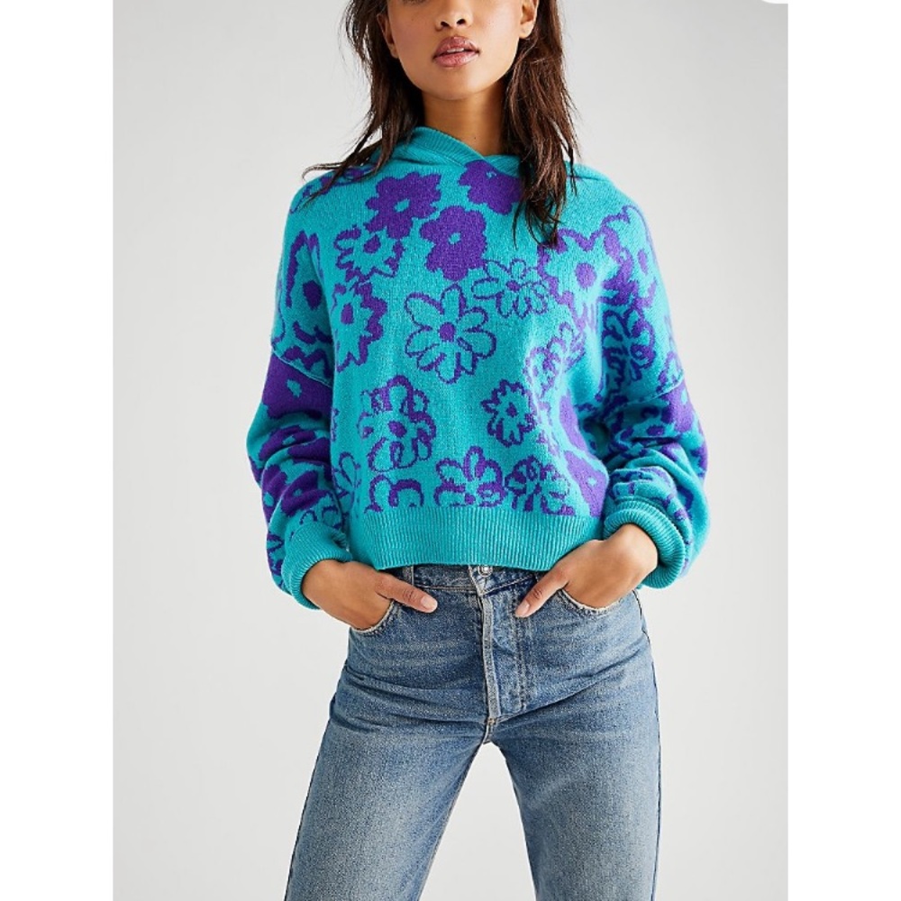 Free People Teal and Purple Floral Hooded Pullover Sweater - Picture 4 of 16
